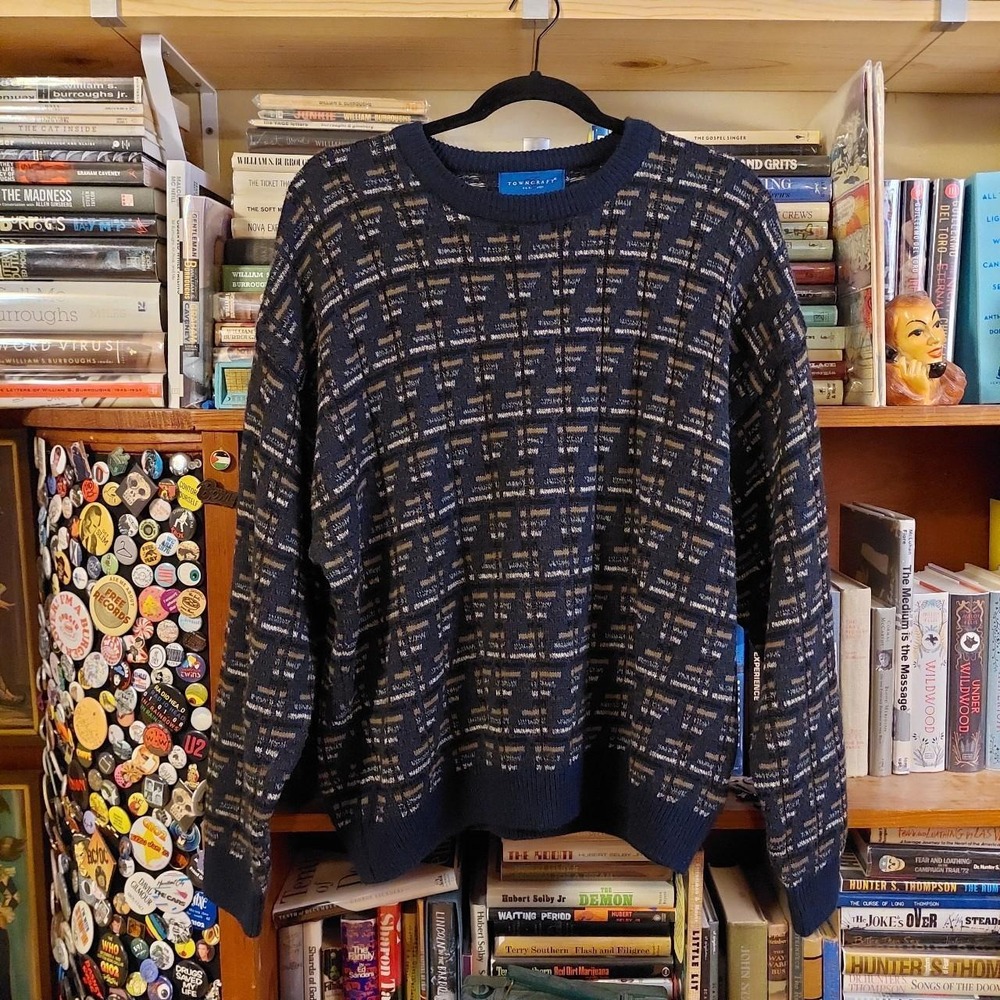 Vintage Towncraft Mens Large Chunky Knit Sweater Navy Blue Tan 90s Y2K Retro